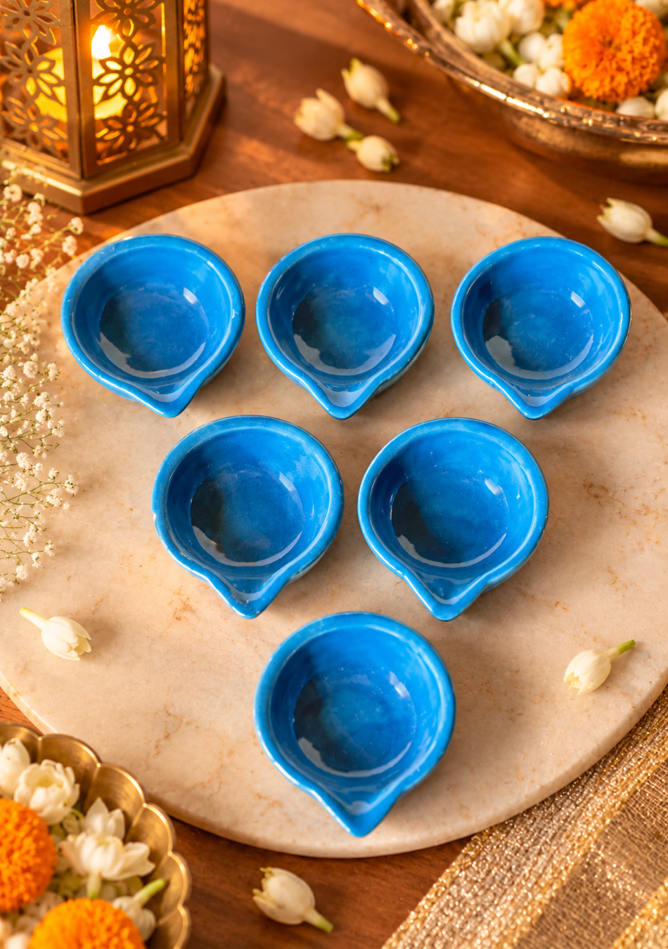 Blue glazed diya set of 6