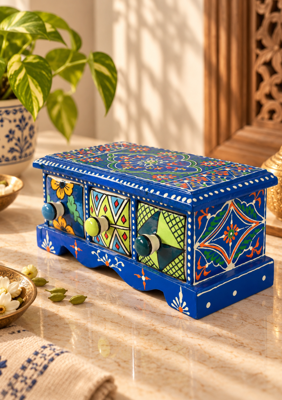 Aravalii Royal Indigo Heritage 3-Drawer Chest