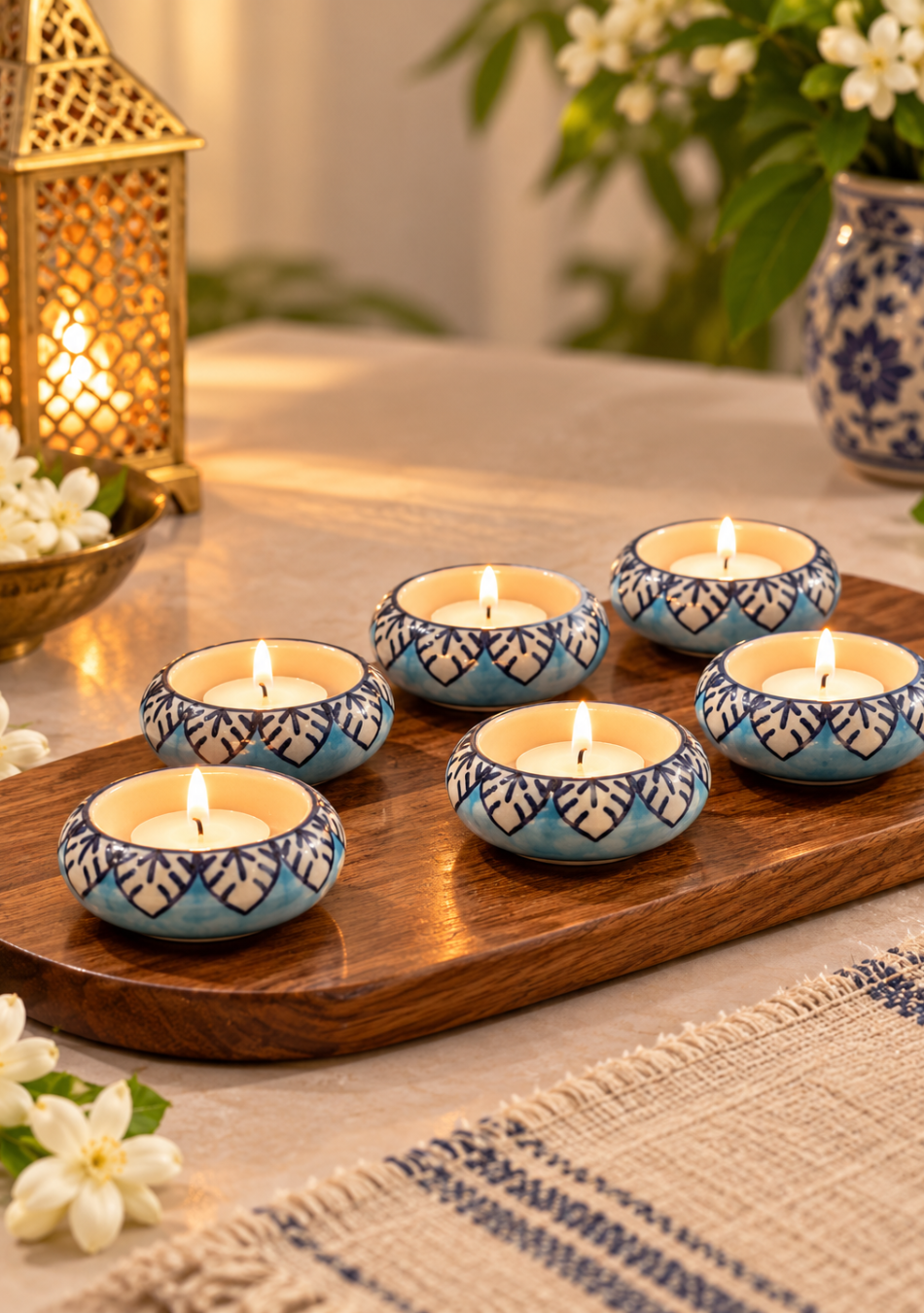Aravalii Blue Petals Ceramic Tea Light Diya Set of 6