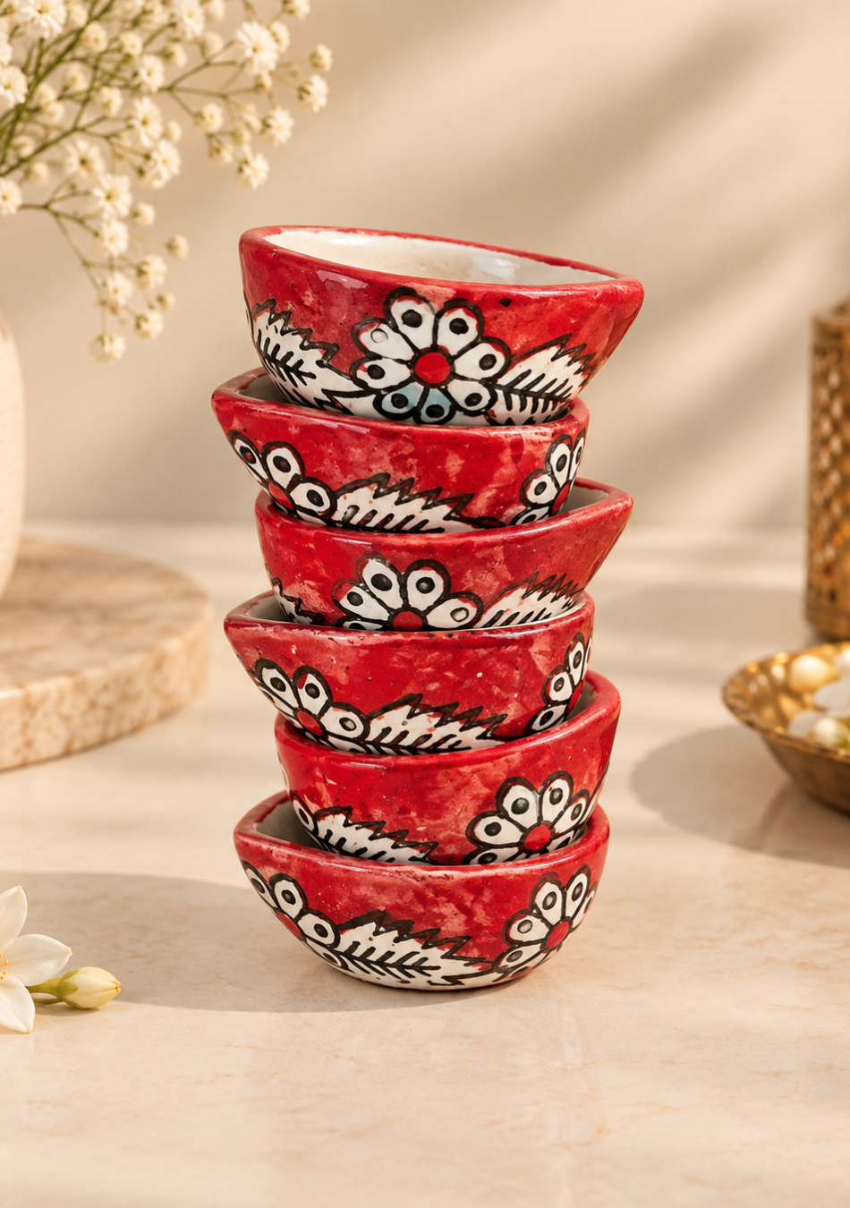 RED HAND PAINTED CERAMIC DIYA - SET OF 6