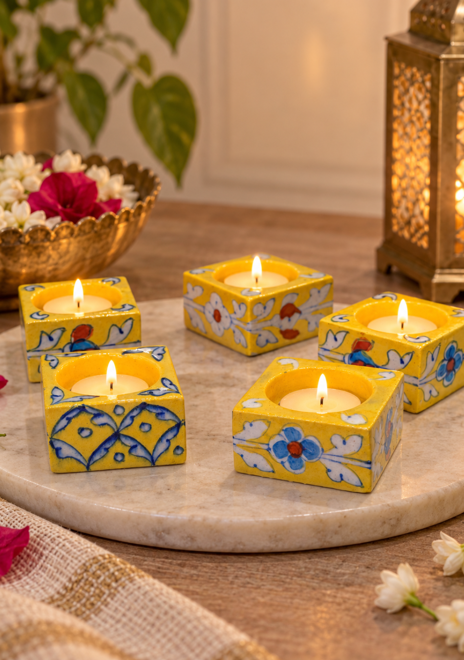 Blue Pottery Square Diyas - Set of 6