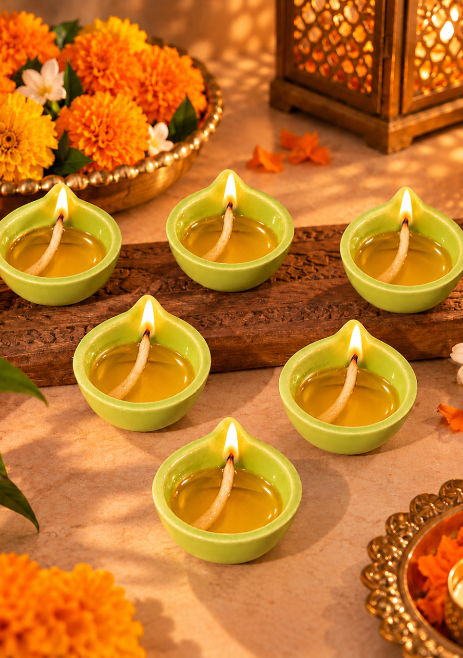 Sage green Glazed Diya - Set of 6