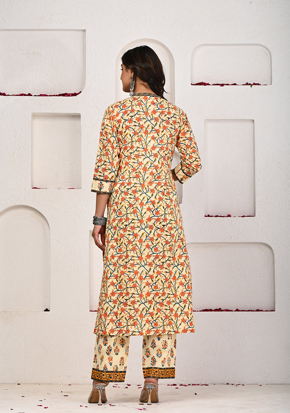 Sunlit Blossom Hand Block Print Suit Set with Chanderi Dupatta