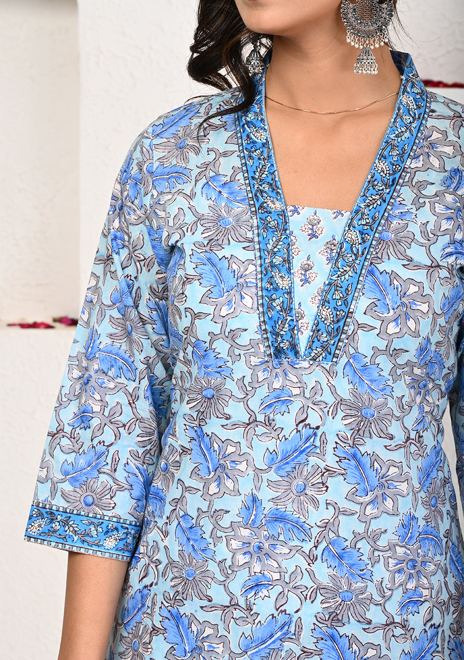 Sky Blue Hand Block Printed Suit with Kota Dupatta