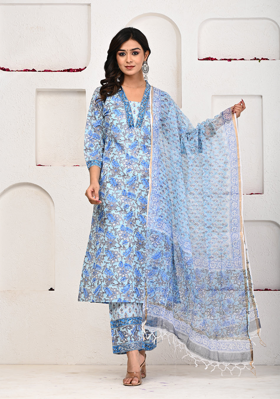 Sky Blue Hand Block Printed Suit with Kota Dupatta