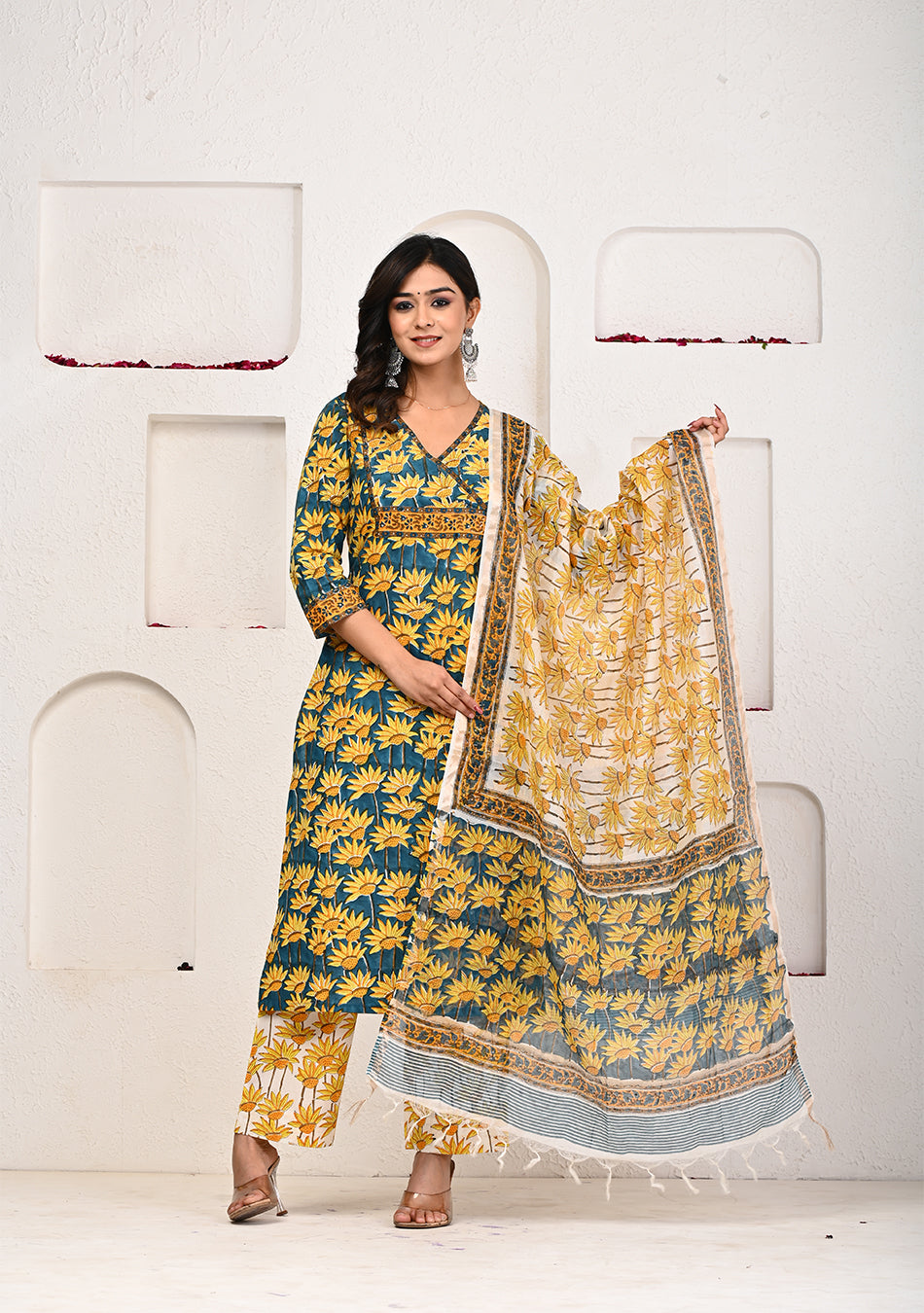 Emerald Peacock Hand Block Suit Set with Dupatta