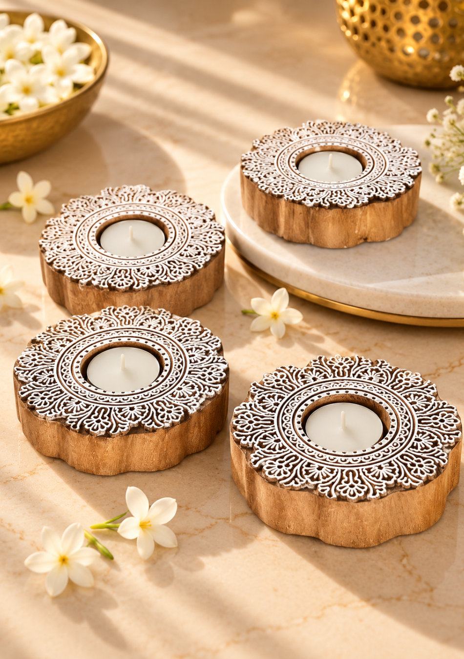 Flower Carved Wooden Diyas