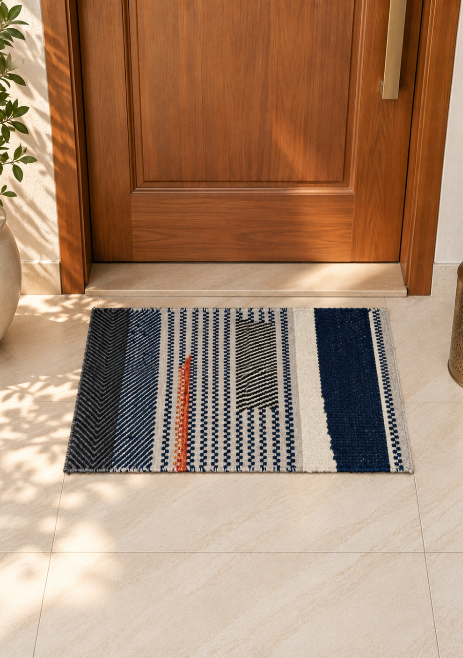 Aravalii Navy Charcoal Geometric Striped Handwoven Rug