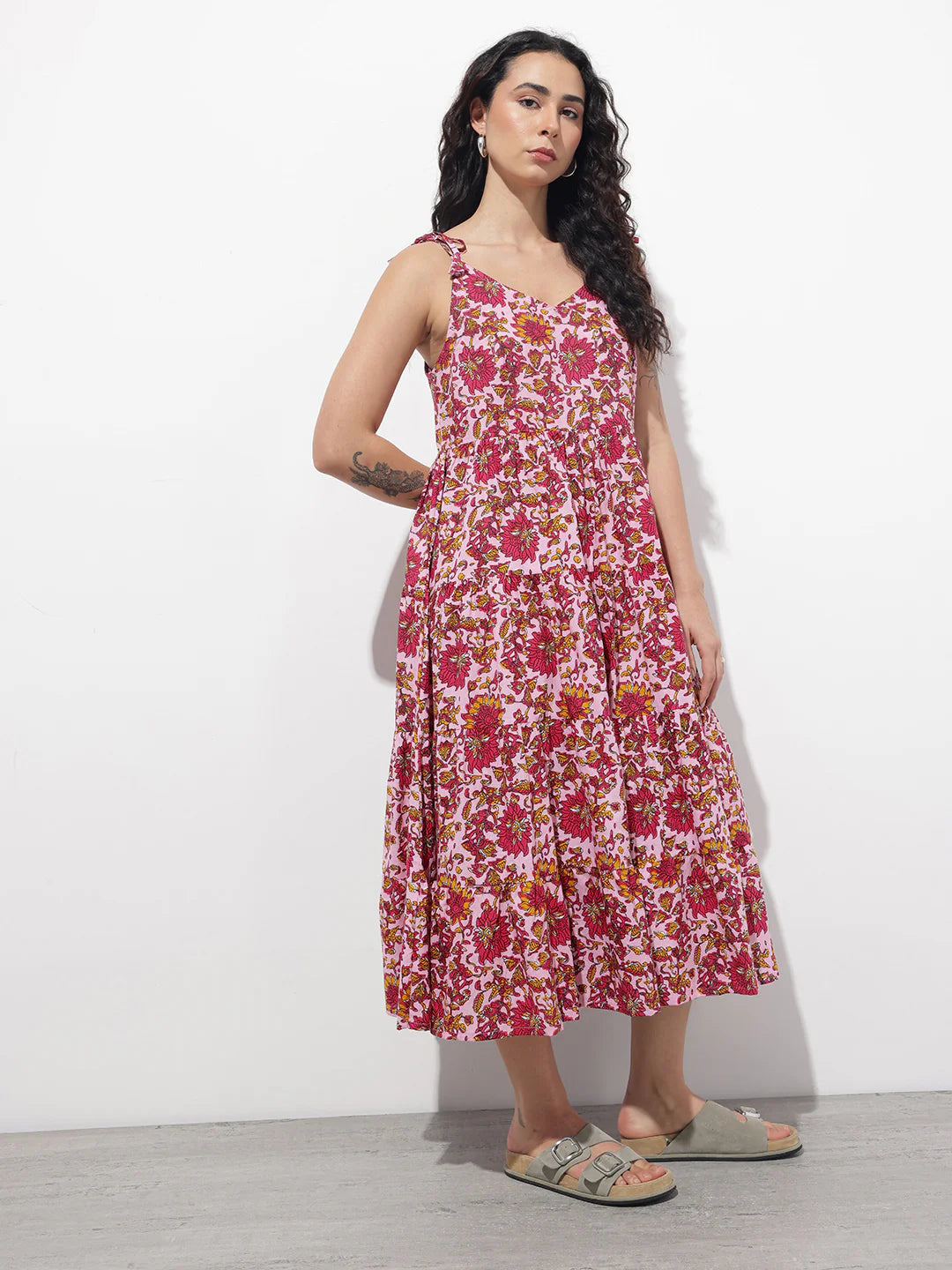 Aravalii Pink Shoulder Strapes Fit & Flared Cotton Dress