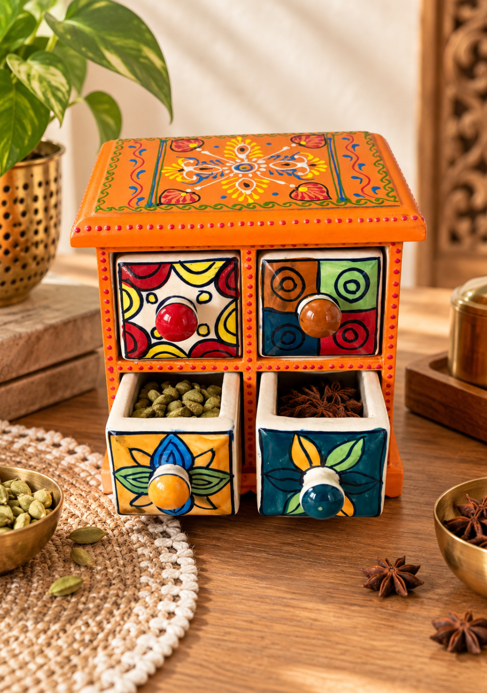 Aravalii Orange Heritage 4-Drawer Mini Chest