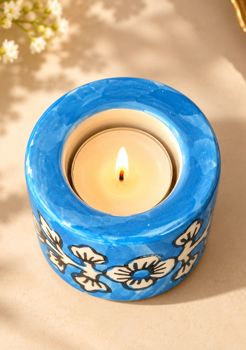 Aravalii Azure Bloom Hand-Painted Tealight Diya
