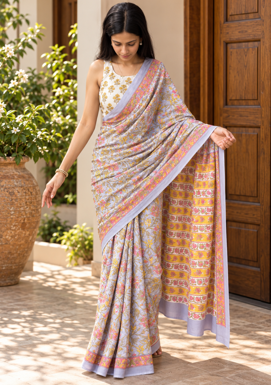 Aravalii Lavender Floral Cotton Hand Block Saree