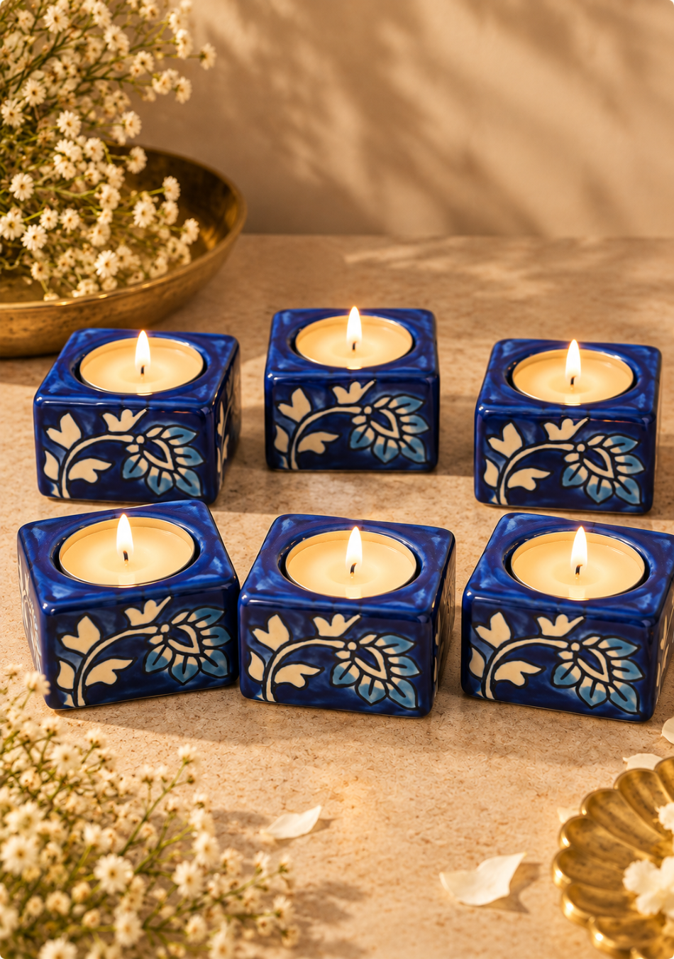 Aravalii Indigo Bloom Hand Painted Tea Light Diya Set of 6