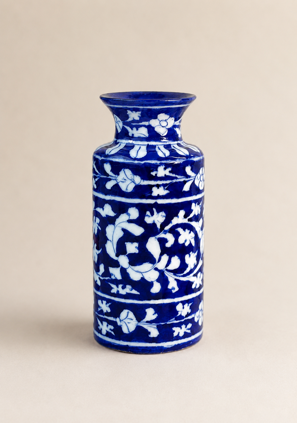 Blue Pottery White Floral Can Vase