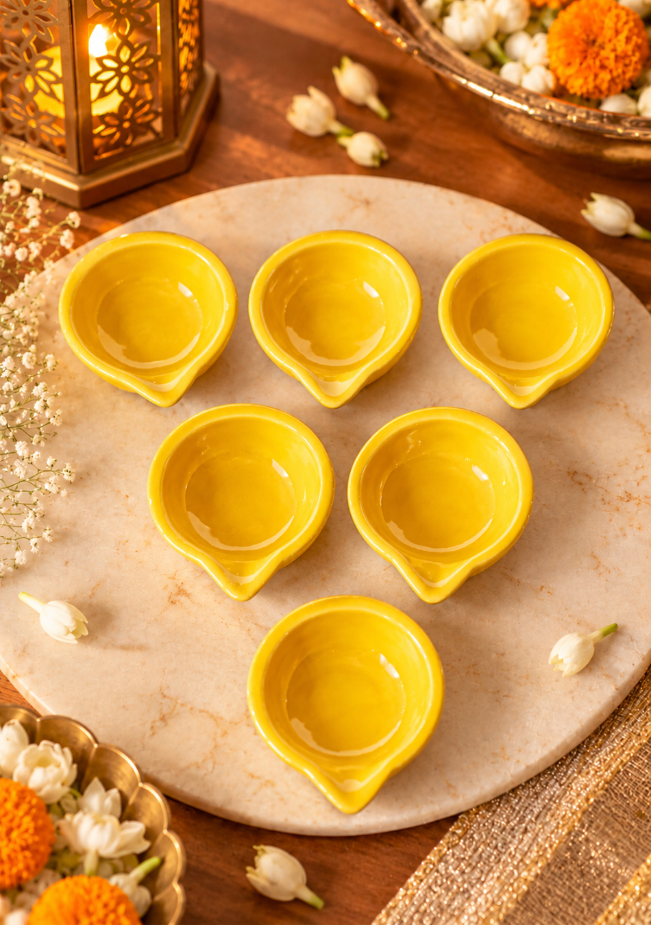 Yellow Glazed diya - Set of 6