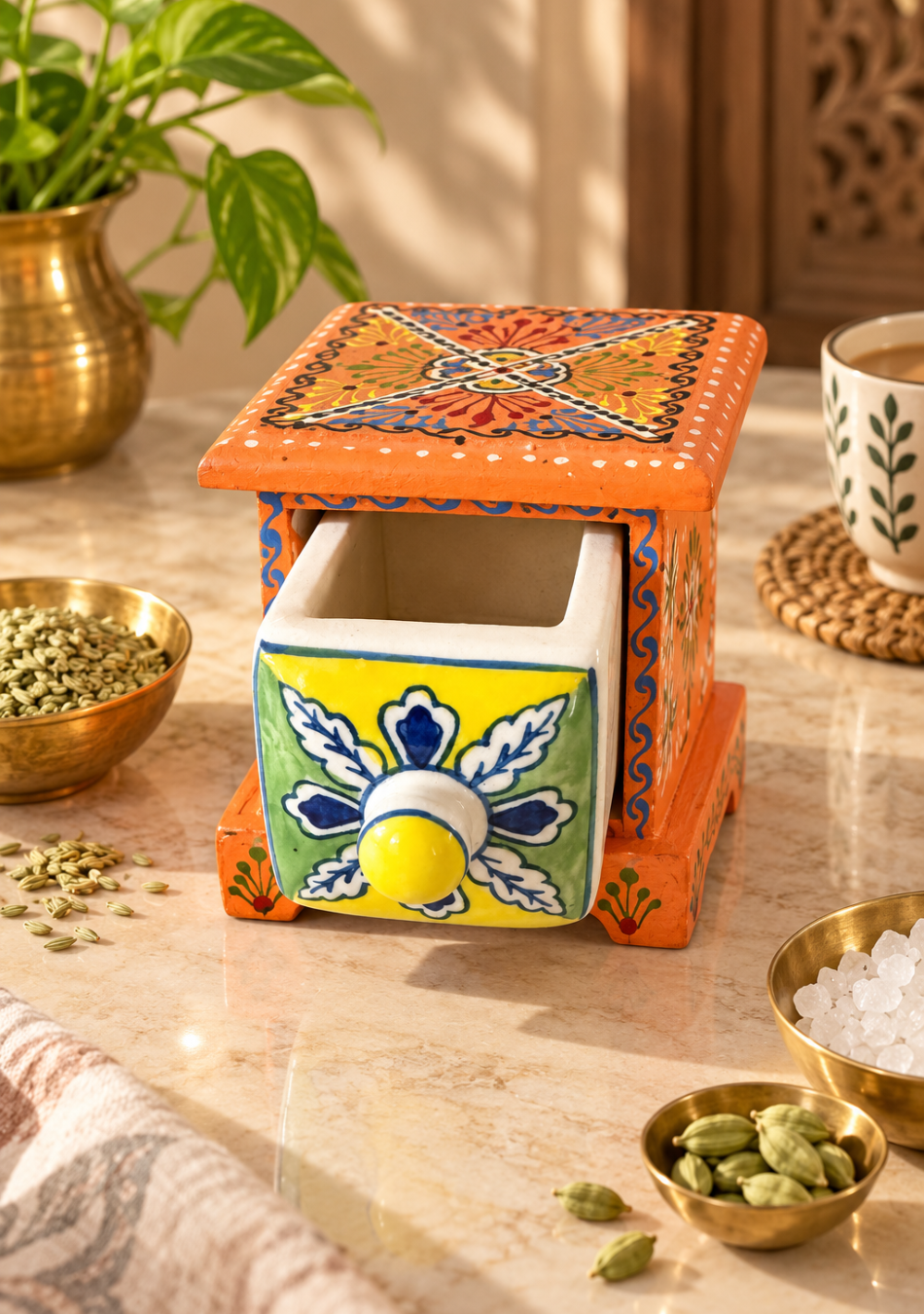 Aravalii Orange Rangoli Hand-Painted Drawer Chest