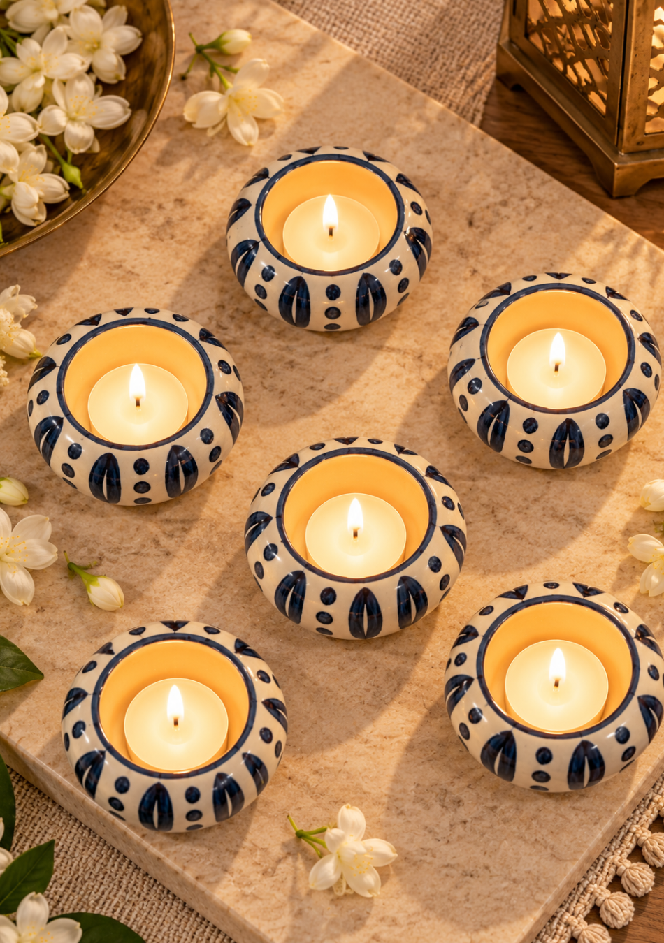 Aravalii Blue Motif Hand-Painted Diya Set of 6