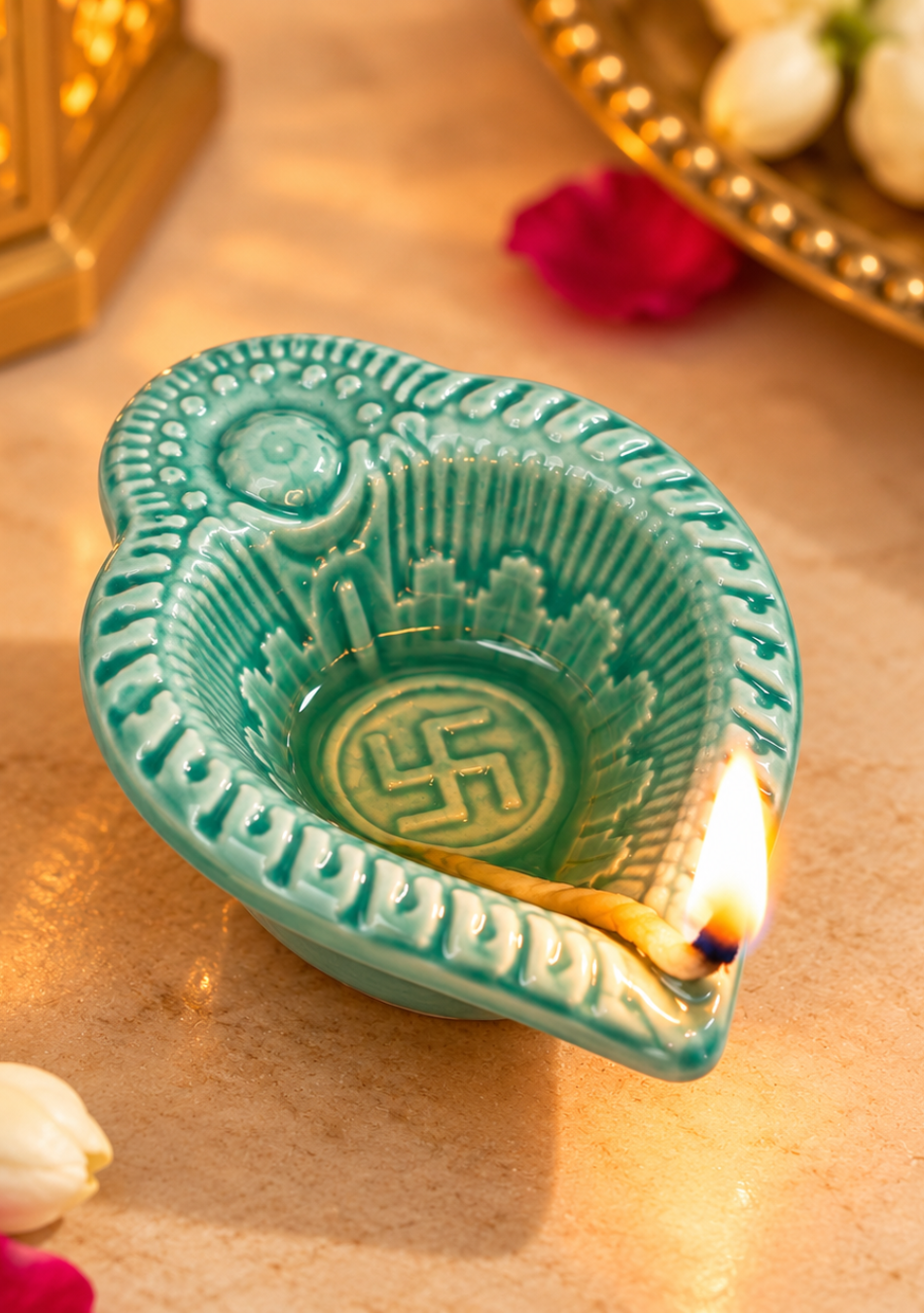 Green Swastic Diya Set of 6