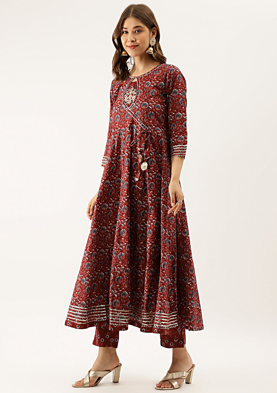 Burgundy Floral Cotton Anarkali Set