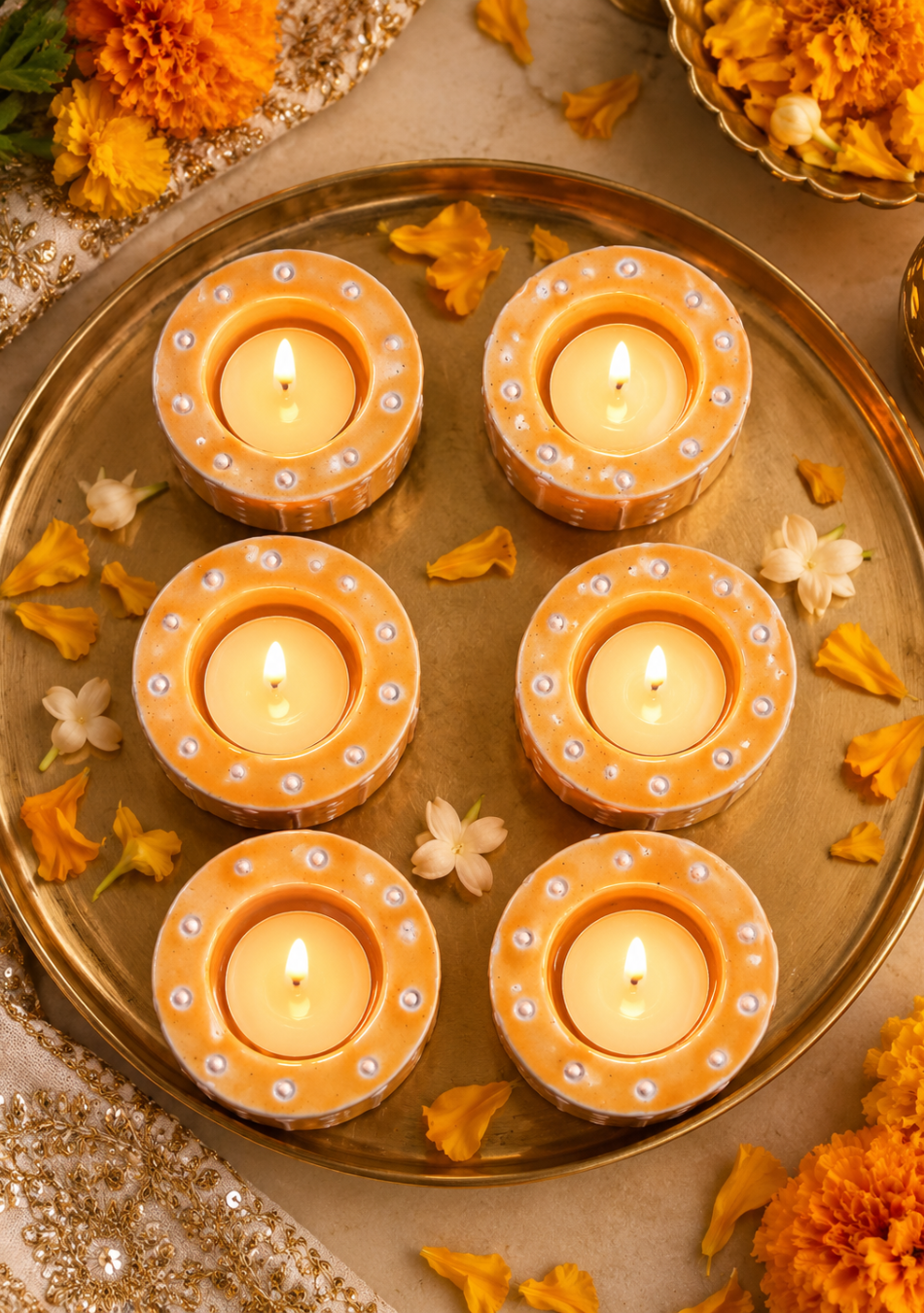 Aravalii Golden Aura Handcrafted Ceramic Tealight Diya Set of 6