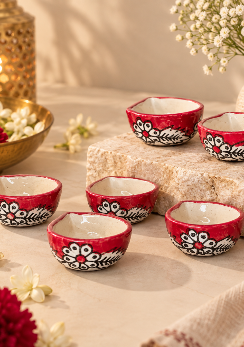 RED HAND PAINTED CERAMIC DIYA - SET OF 6