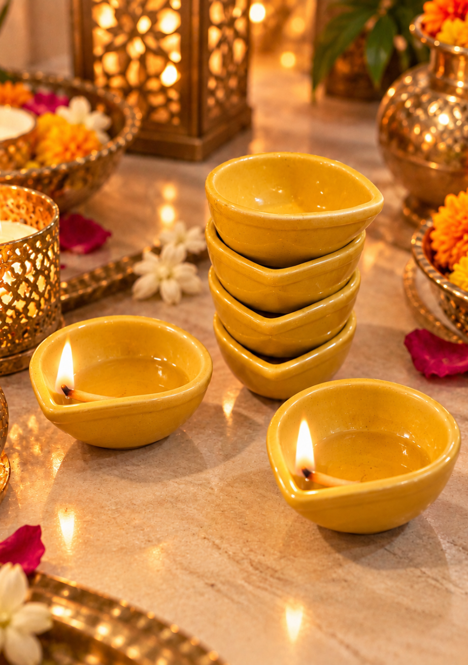 Aravalii Golden Teardrop Glow Ceramic Diya
