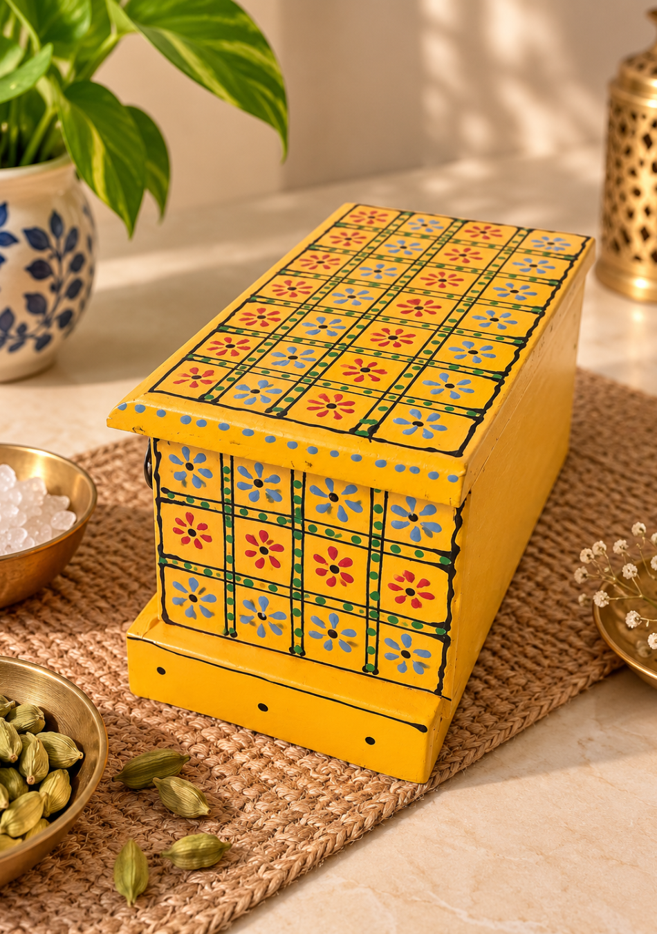 Aravalii Yellow Rangoli 2-Drawer Condiment Chest