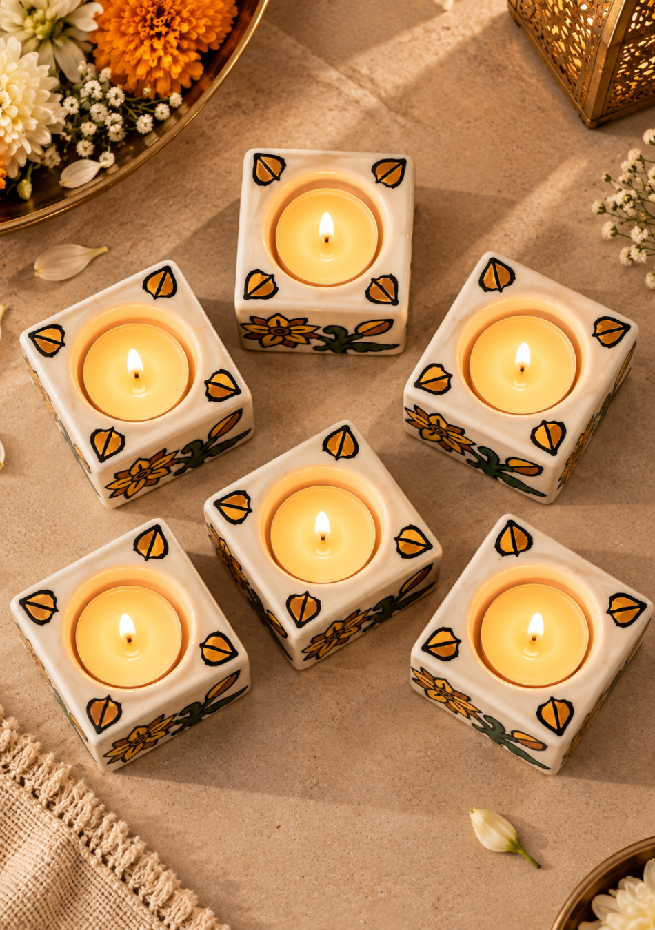 White Diya with Yellow Floral Design - Set of 6