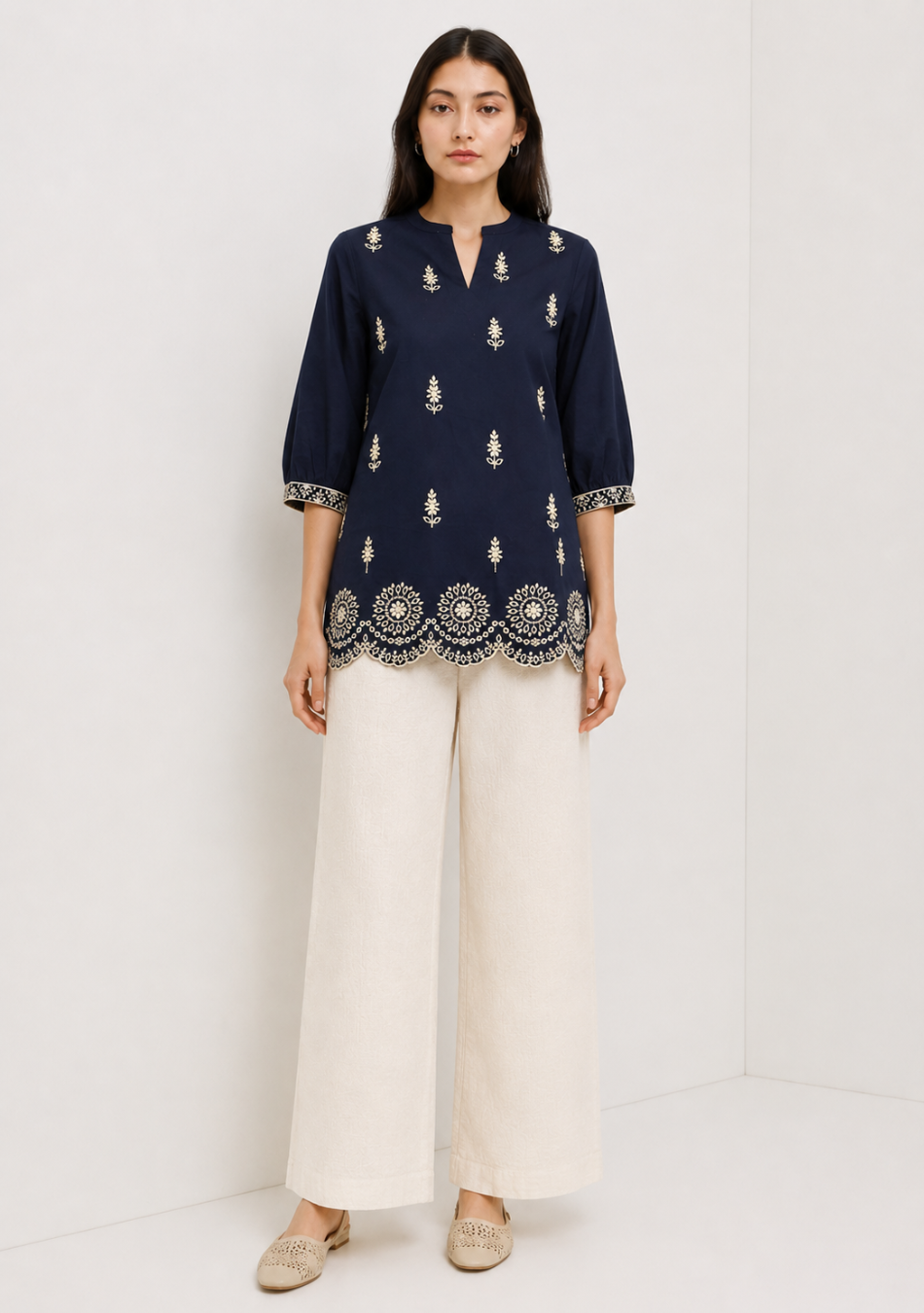 Black Scallop Hem Embroidered Top