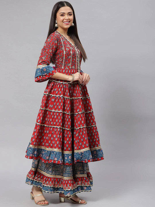 Maroon & Blue Anarkali Kurta Sharara Set with Dupatta