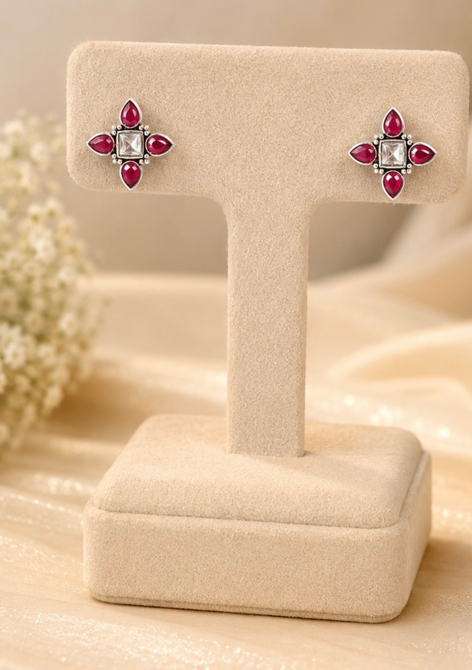 Snowy Ruby Petal Stud Earrings