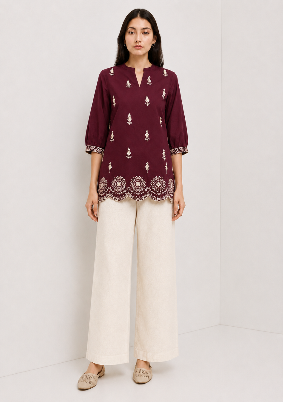 Wine Scallop Hem Embroidered Top