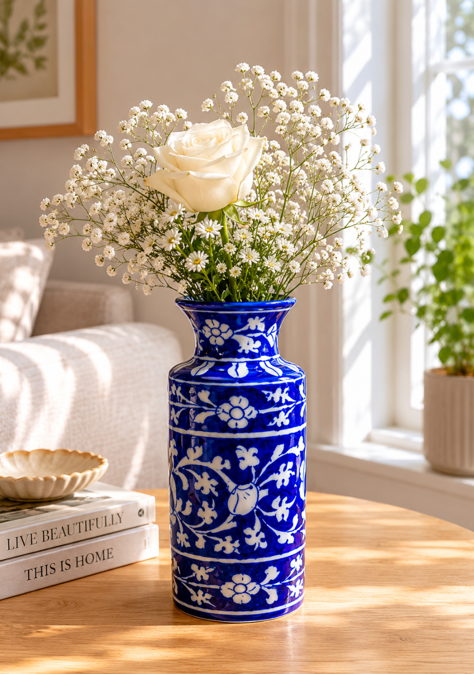Blue Pottery White Floral Can Vase