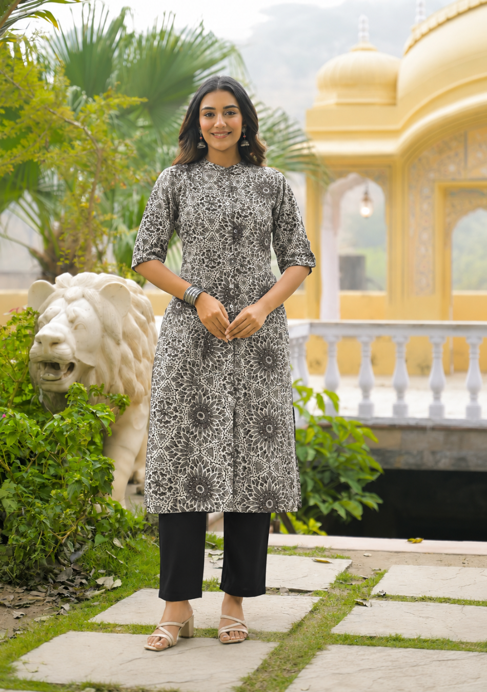 Aravalii Charcoal Floral A-Line Kurta