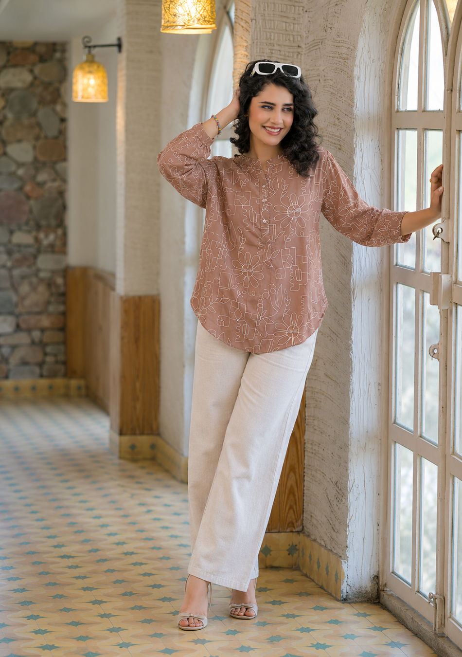 Earthy Sketch Top Styled with White Linen Trousers for Casual Office Look