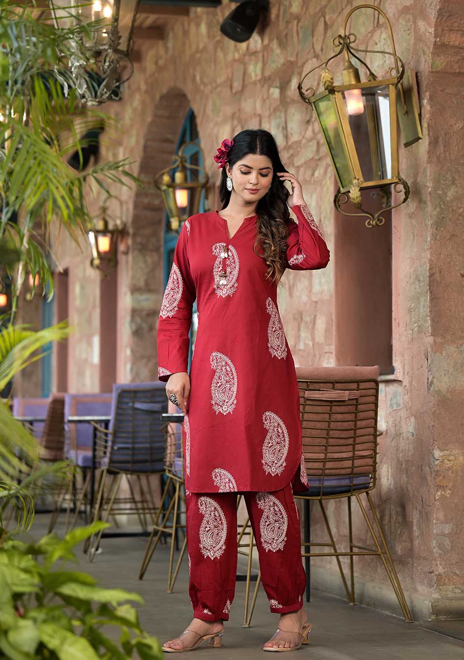 BURGUNDY PAISLEY PRINT COTTON CO-ORD SET