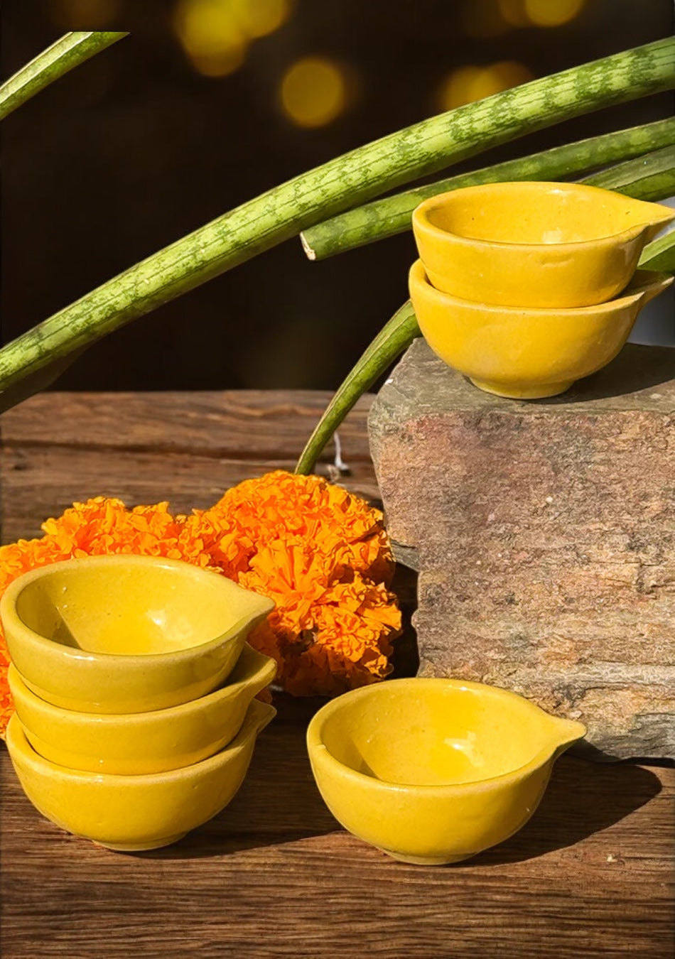 Yellow Glazed diya - Set of 6