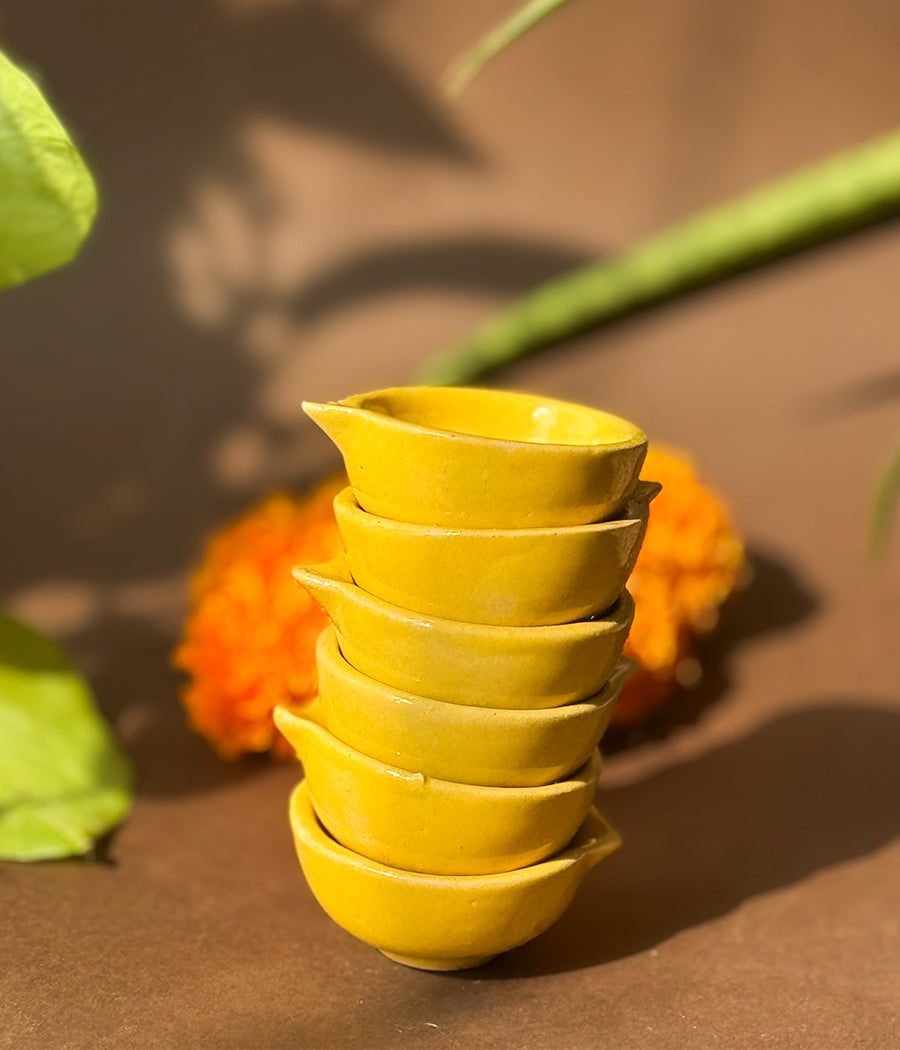 Yellow Glazed diya - Set of 6