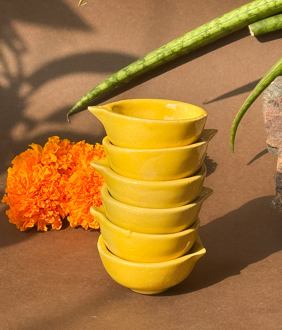 Yellow Glazed diya - Set of 6