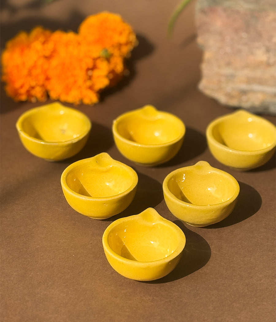 Yellow Glazed diya - Set of 6