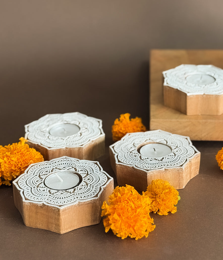 Handcrafted Flower Shape Wooden Diya - Set of 4