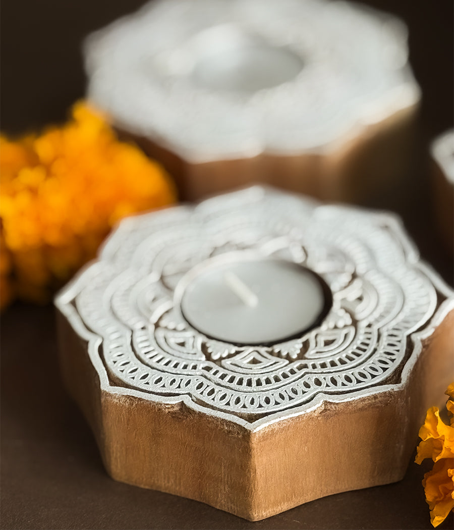 Handcrafted Flower Shape Wooden Diya - Set of 4
