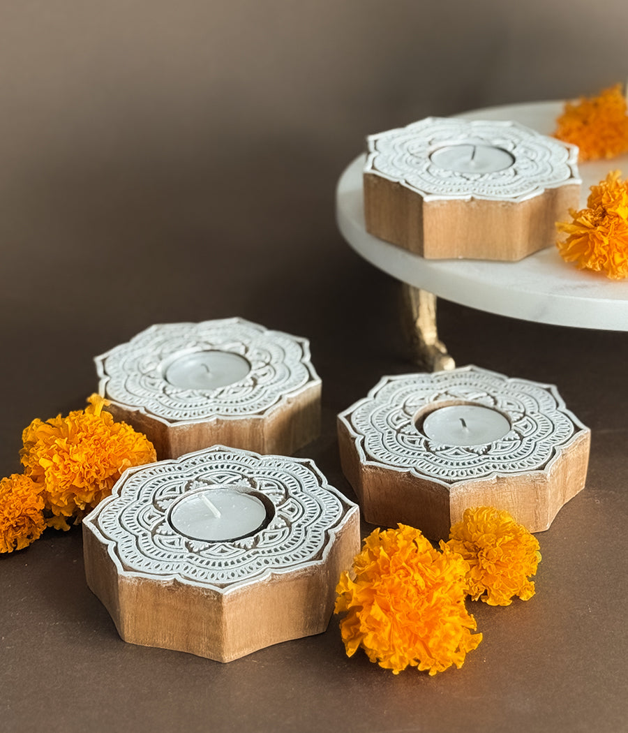 Handcrafted Flower Shape Wooden Diya - Set of 4