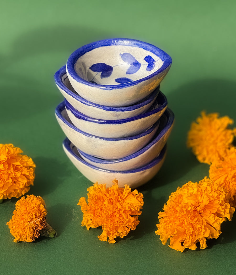 Blue Pottery Blue Lotus Design Diya - Set of 6