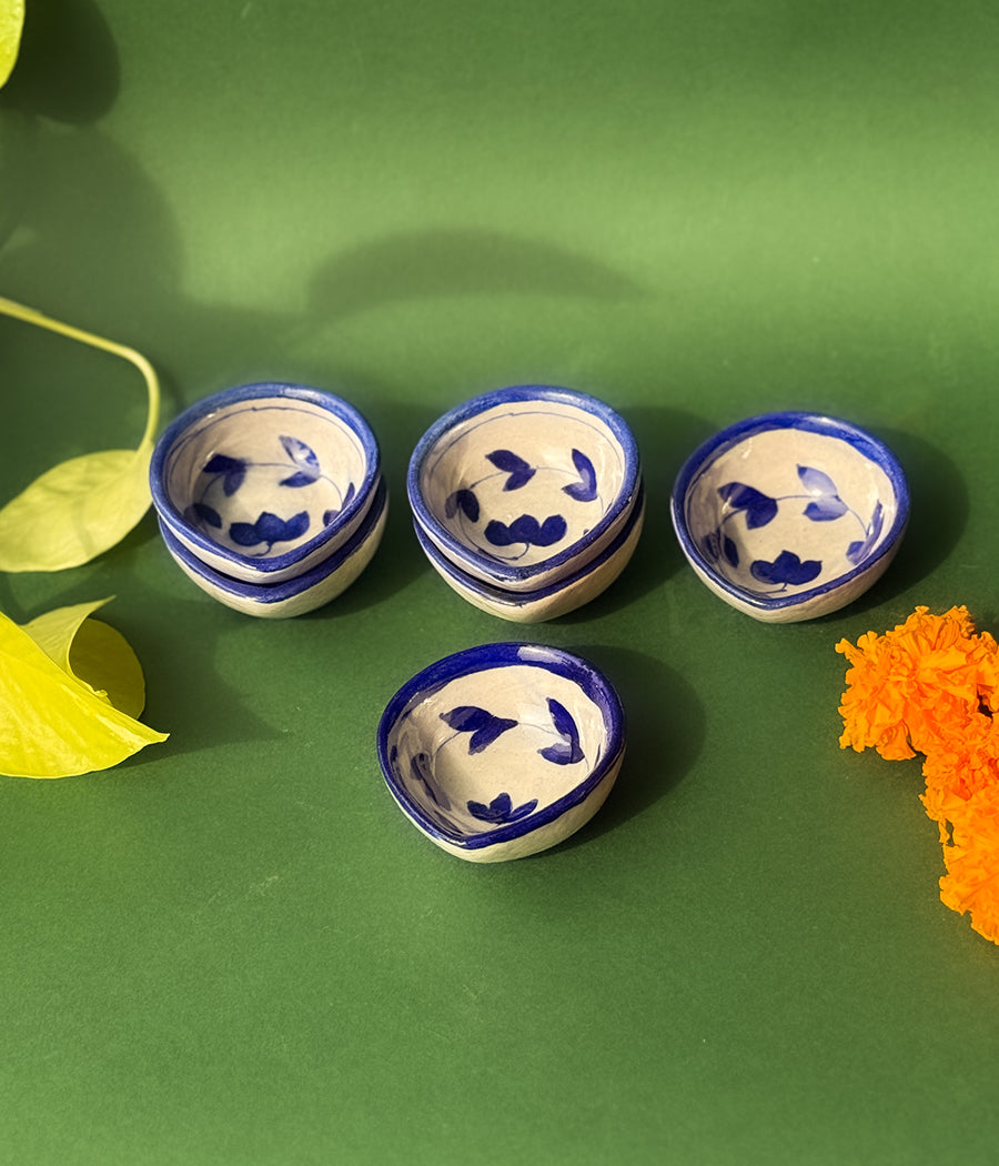 Blue Pottery Blue Lotus Design Diya - Set of 6