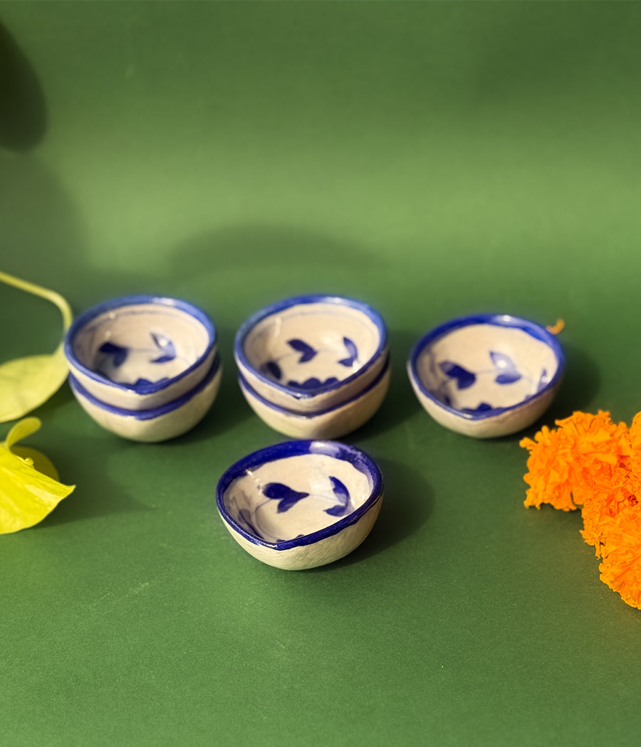 Blue Pottery Blue Lotus Design Diya - Set of 6