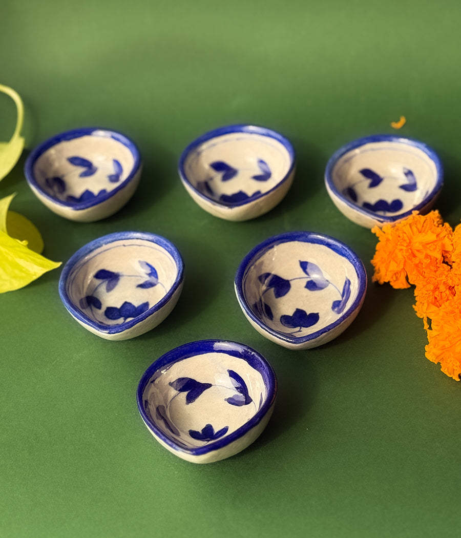 Blue Pottery Blue Lotus Design Diya - Set of 6