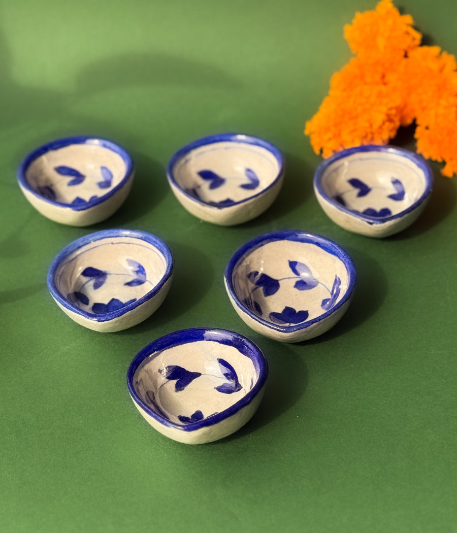 Blue Pottery Blue Lotus Design Diya - Set of 6