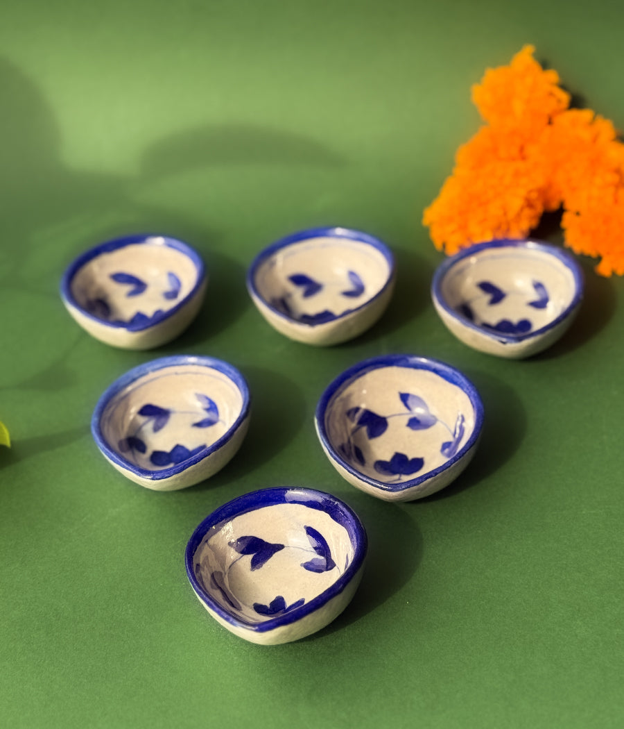 Blue Pottery Blue Lotus Design Diya - Set of 6