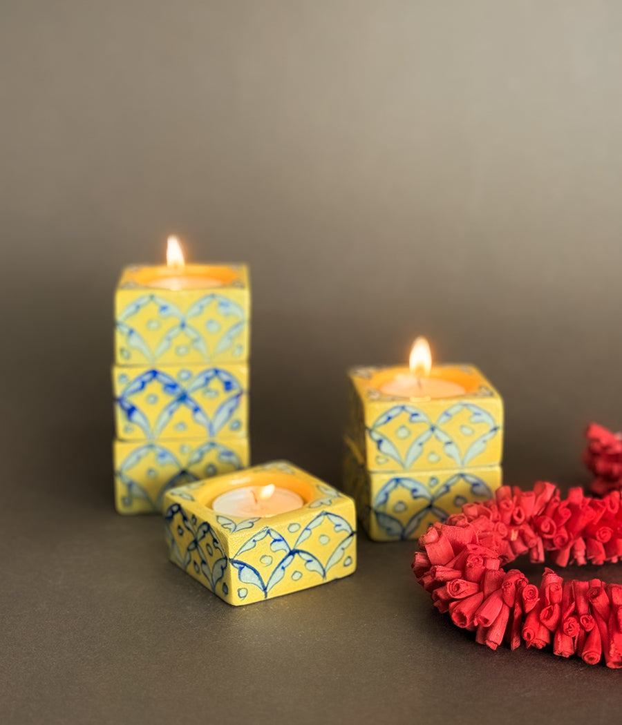 Blue Pottery Square Diyas - Set of 6